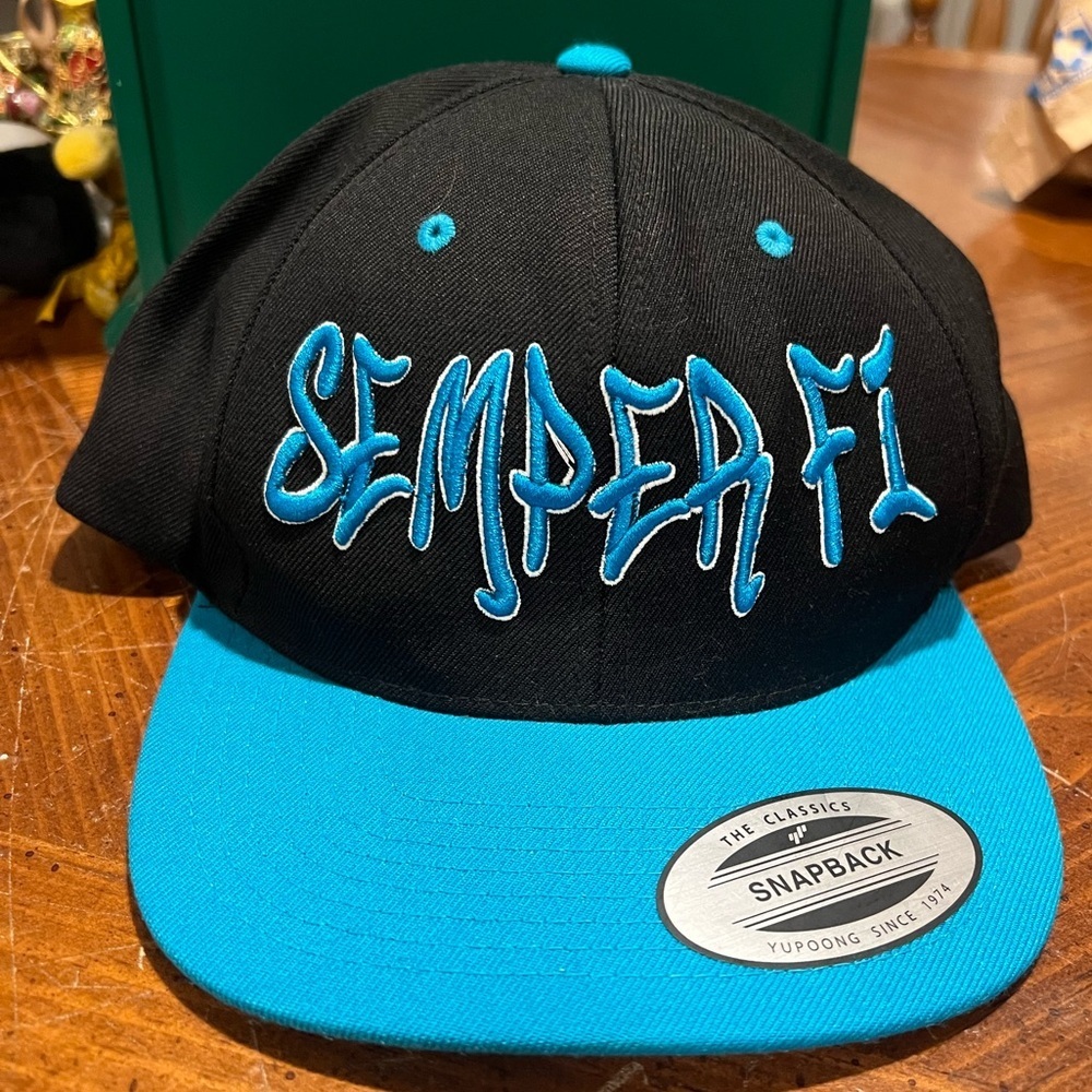 VTG Lids SEMPER FI Black & Blue Graffiti Style Adjustable Hat Marines USMC New!